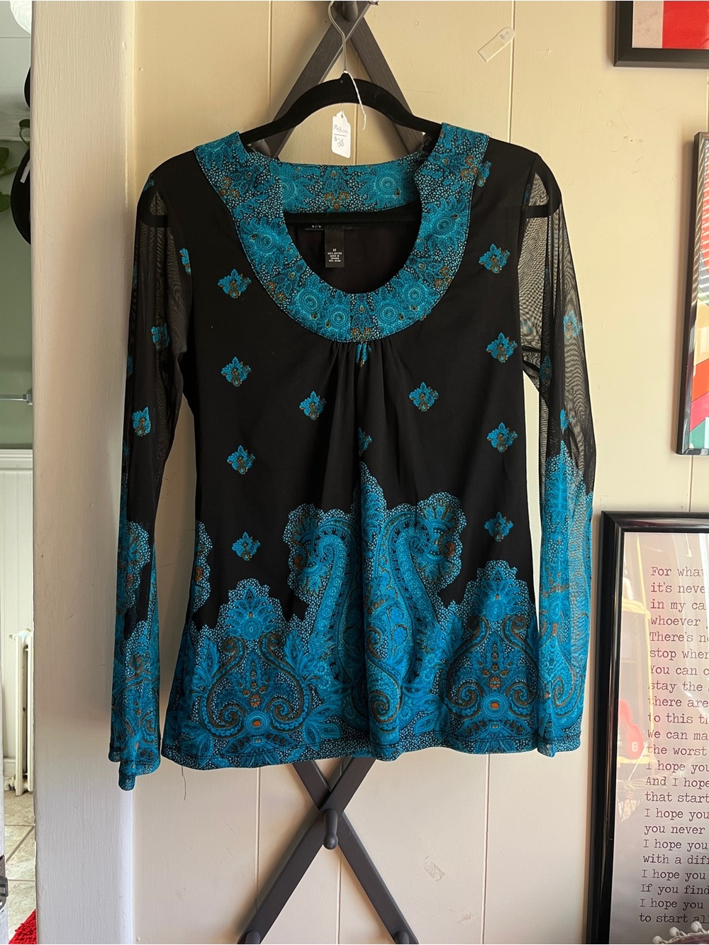 INC International Concepts Black & Teal Paisley Scoop Neck Blouse